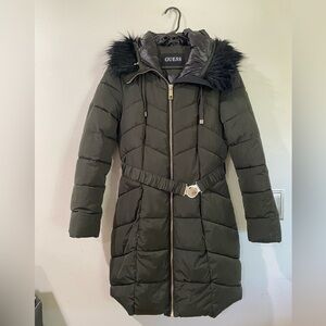 Guess Dark Green Puffer Coat with Quilted Design and Hood